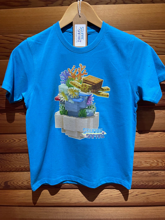 Sea Turtle Surfing the Coral Reef — Square Safari Kids T-Shirt
