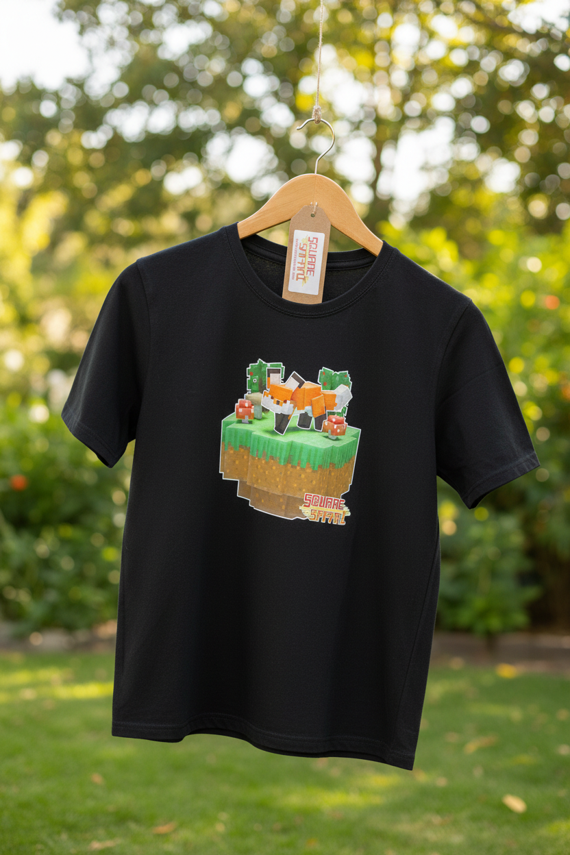 Hand-crafted pixel art red fox design on a kids t-shirt — original square-style wildlife art for gamers, animal lovers and collectors. Square Safari