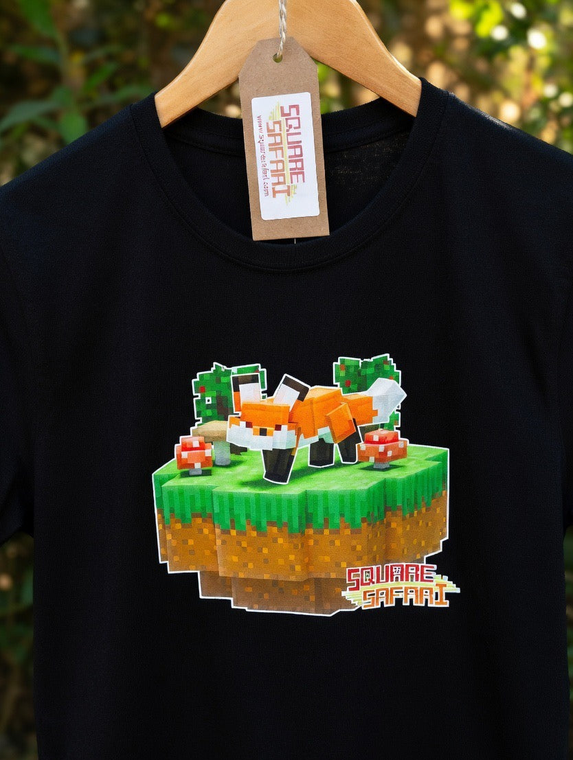 Hand-crafted pixel art red fox design on a kids t-shirt — original square-style wildlife art for gamers, animal lovers and collectors. Square Safari