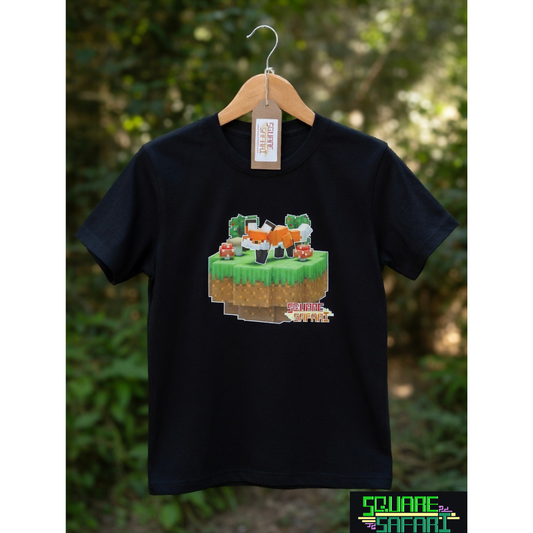 Hand-crafted pixel art red fox design on a kids t-shirt — original square-style wildlife art for gamers, animal lovers and collectors. Square Safari handmade low poli pixel art design  shirt with worldwide shipping