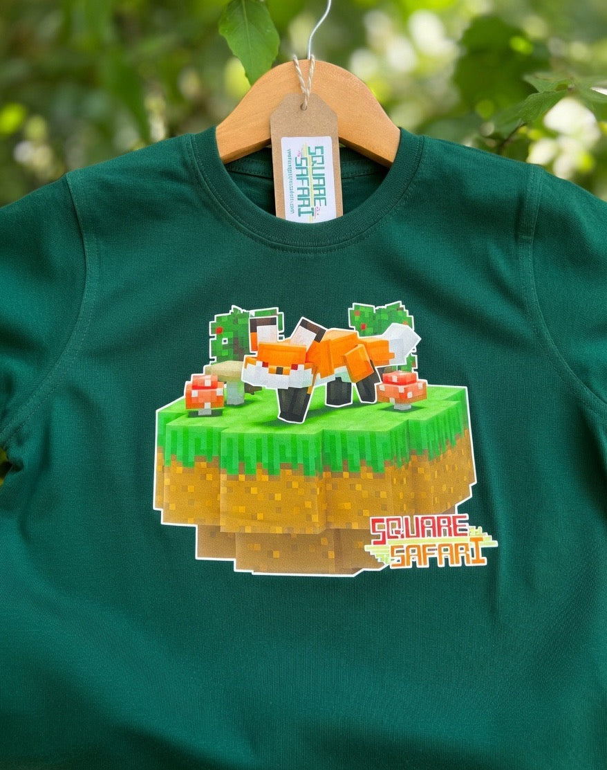 Hand-crafted pixel art red fox design on a kids t-shirt — original square-style wildlife art for gamers, animal lovers and collectors. Square Safari