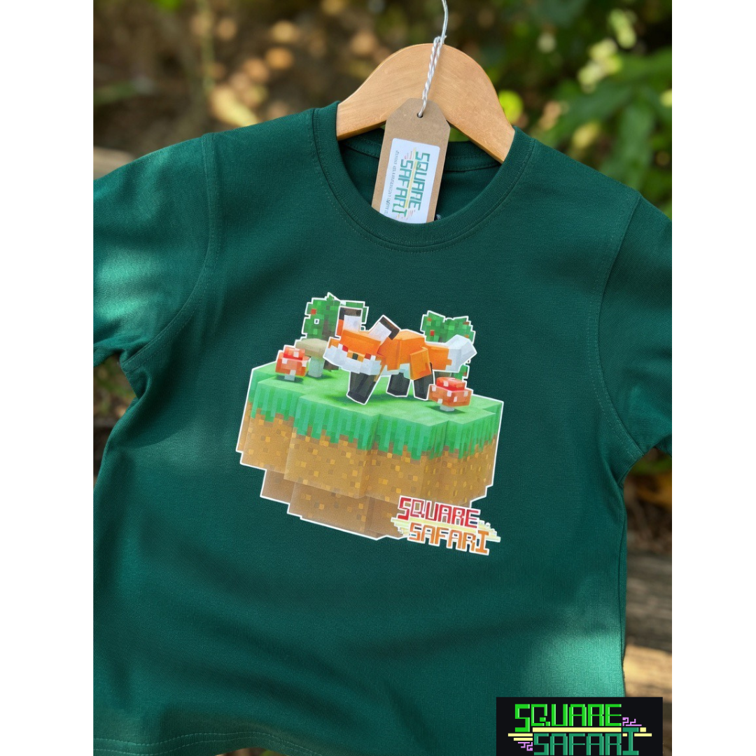 Hand-crafted pixel art red fox design on a kids t-shirt — original square-style wildlife art for gamers, animal lovers and collectors. Square Safari