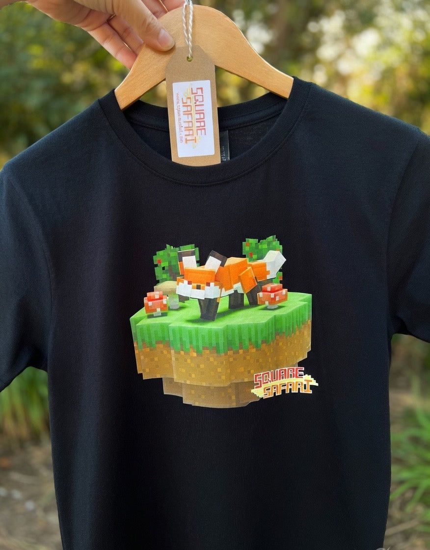 Hand-crafted pixel art red fox design on a kids t-shirt — original square-style wildlife art for gamers, animal lovers and collectors. Square Safari