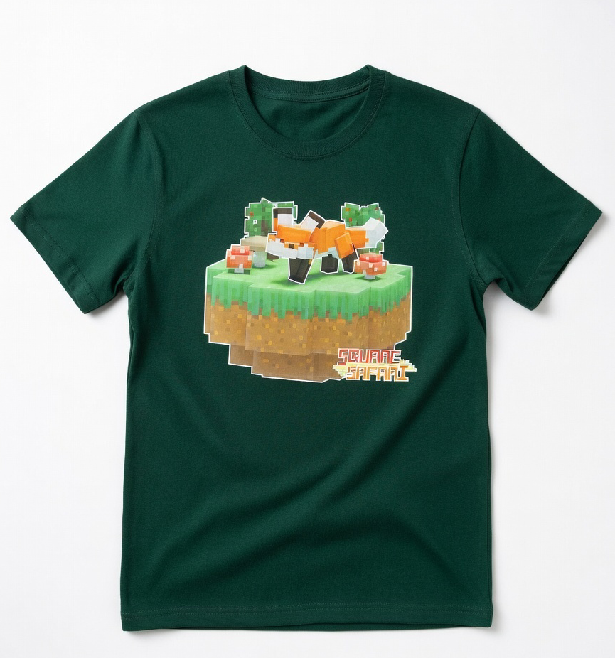 Hand-crafted pixel art red fox design on a kids t-shirt — original square-style wildlife art for gamers, animal lovers and collectors. Square Safari