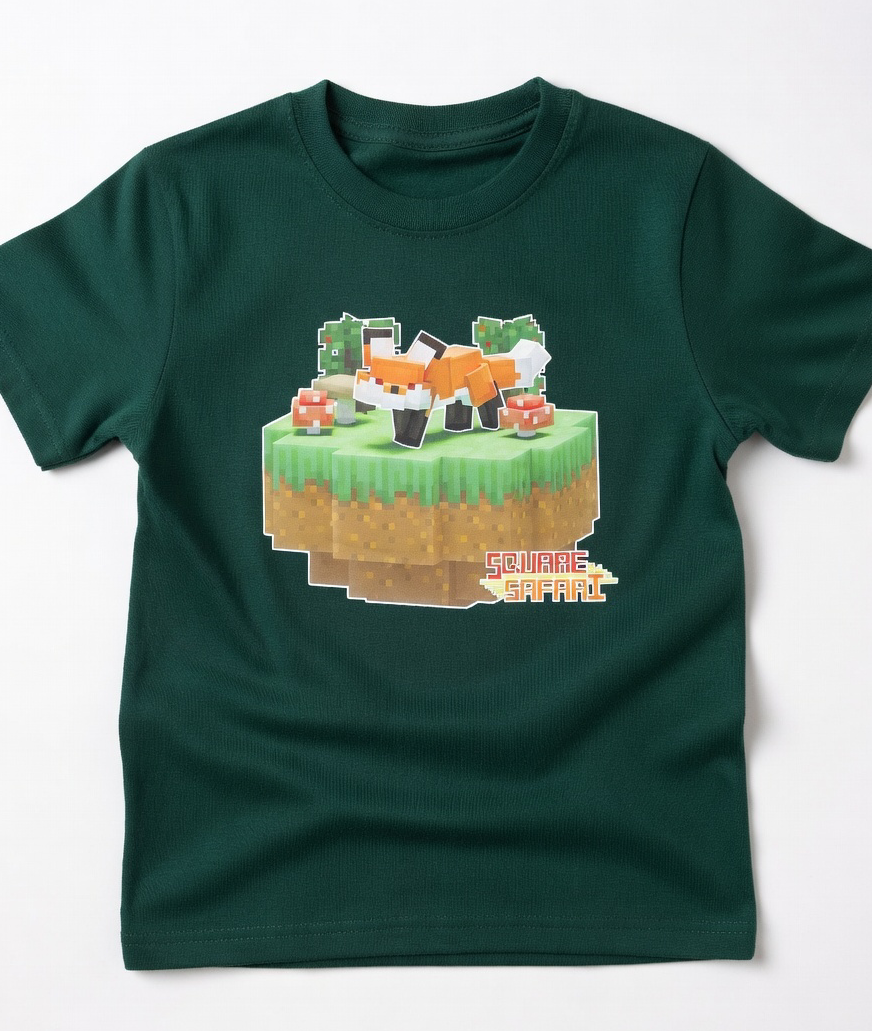 Hand-crafted pixel art red fox design on a kids t-shirt — original square-style wildlife art for gamers, animal lovers and collectors. Square Safari