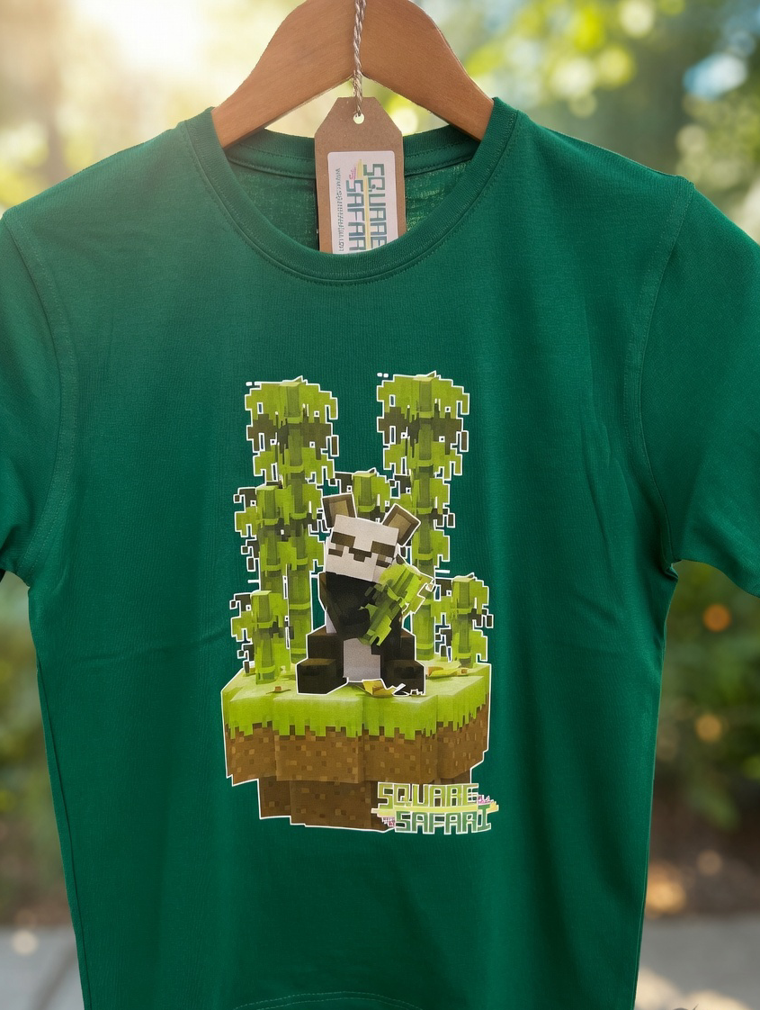 Green t-shirt with pixelated design of a character on a hanger Pixel art Giant Panda kids t-shirt in green — Square Safari original wildlife design, sizes 2–14. various colours including black, white, navy, grey kids t shirt with original artwork pixel design panda handmade in australia with worldwide shipping, gift for pixel and block style art lover perfect kids gift, animal lover gift idea