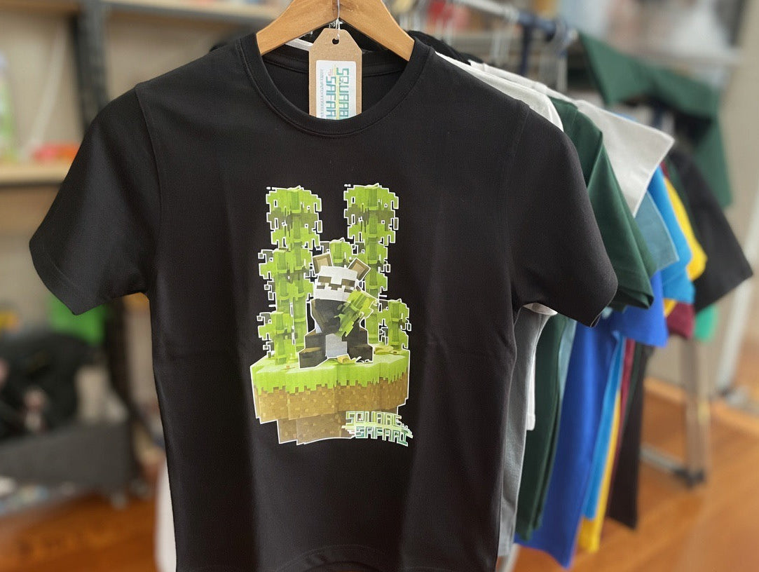 Pixel art Giant Panda kids t-shirt in black — Square Safari original wildlife design, sizes 2–14. various colours including black, white, navy, grey kids t shirt with original artwork pixel design panda handmade in australia with worldwide shipping, gift for pixel and block style art lover perfect kids gift, animal lover gift idea