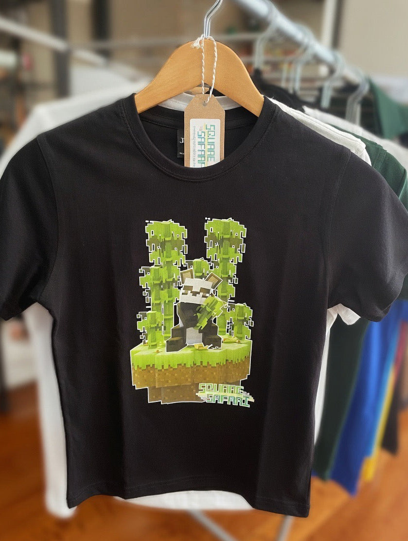 Pixel art Giant Panda kids t-shirt in black — Square Safari original wildlife design, sizes 2–14. various colours including black, white, navy, grey kids t shirt with original artwork pixel design panda handmade in australia with worldwide shipping, gift for pixel and block style art lover perfect kids gift, animal lover gift idea