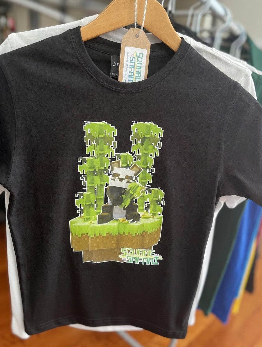 Pixel art Giant Panda kids t-shirt in black — Square Safari original wildlife design, sizes 2–14. various colours including black, white, navy, grey kids t shirt with original artwork pixel design panda handmade in australia with worldwide shipping, gift for pixel and block style art lover perfect kids gift, animal lover gift idea