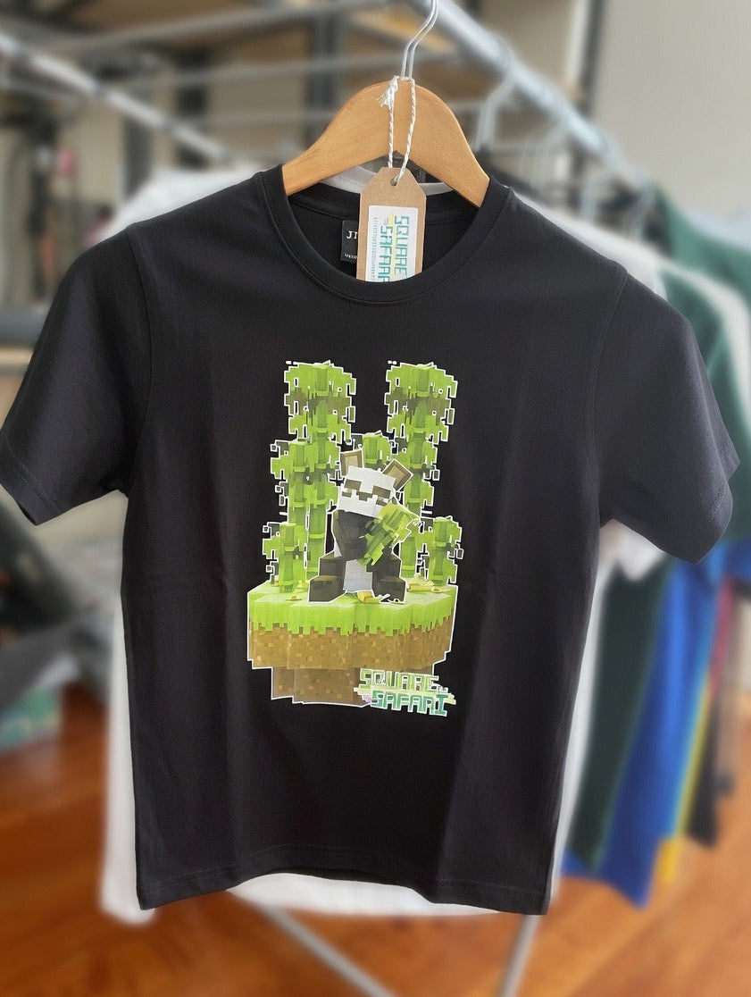 Pixel art Giant Panda kids t-shirt in black — Square Safari original wildlife design, sizes 2–14. various colours including black, white, navy, grey kids t shirt with original artwork pixel design panda handmade in australia with worldwide shipping, gift for pixel and block style art lover perfect kids gift, animal lover gift idea