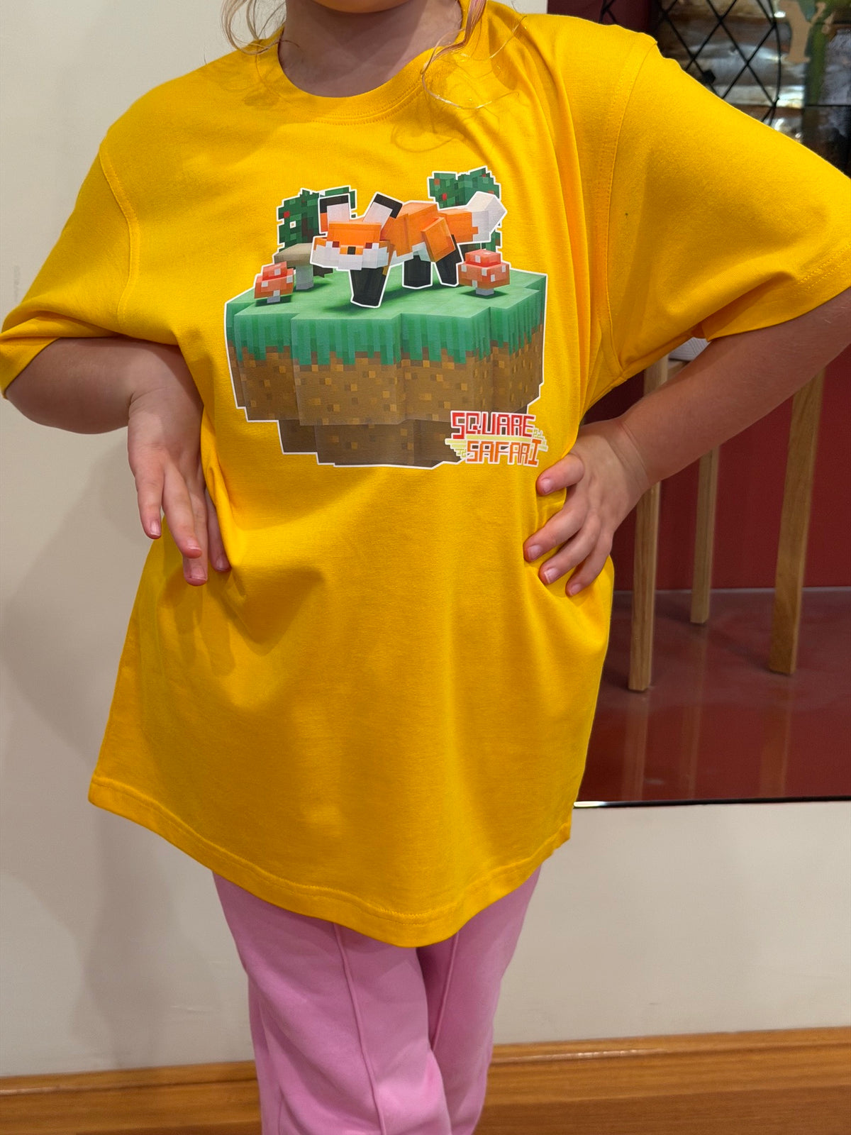 Hand-crafted pixel art red fox design on a kids t-shirt — original square-style wildlife art for gamers, animal lovers and collectors. Square Safari handmade low poli pixel art design  shirt with worldwide shipping