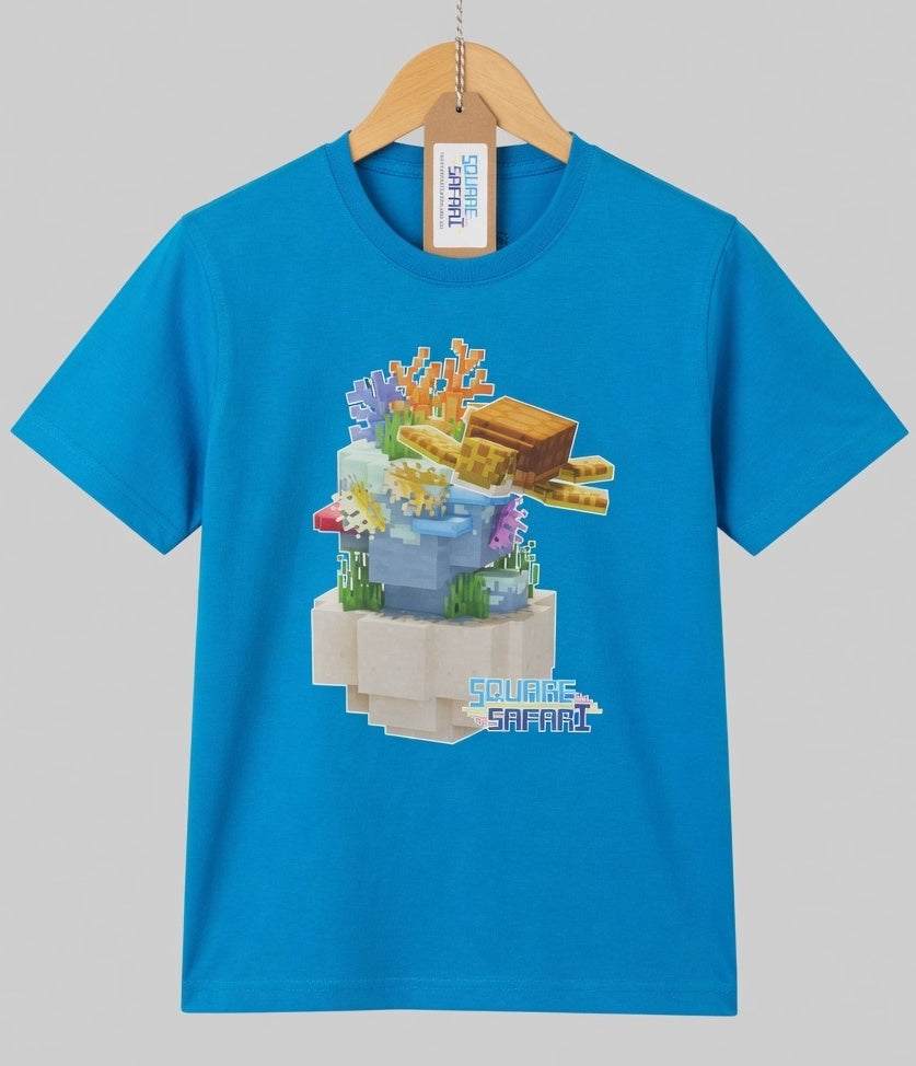 Sea Turtle Gliding Through the Ocean On Sale — Square Safari Kids T-Shirt