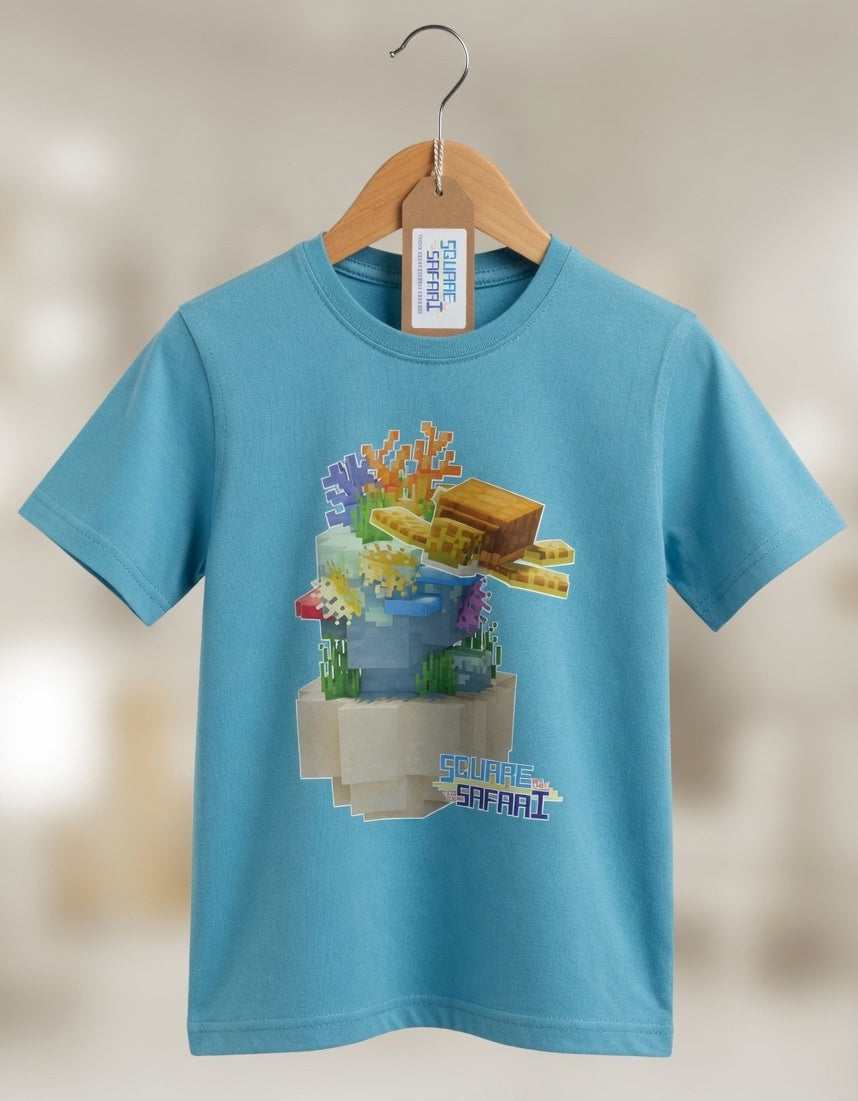 Sea Turtle Gliding Through the Ocean On Sale — Square Safari Kids T-Shirt