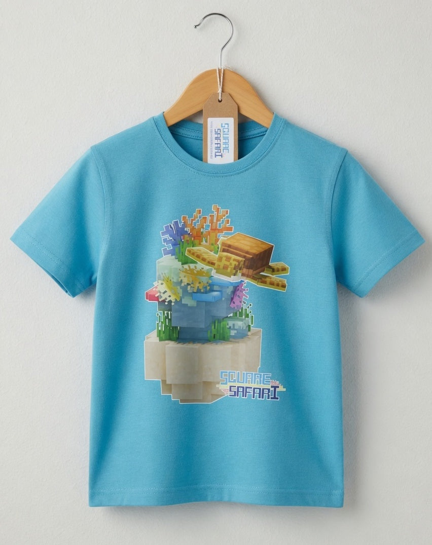 Sea Turtle Gliding Through the Ocean On Sale — Square Safari Kids T-Shirt