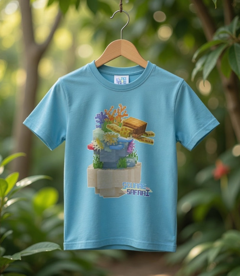 Sea Turtle Gliding Through the Ocean On Sale — Square Safari Kids T-Shirt