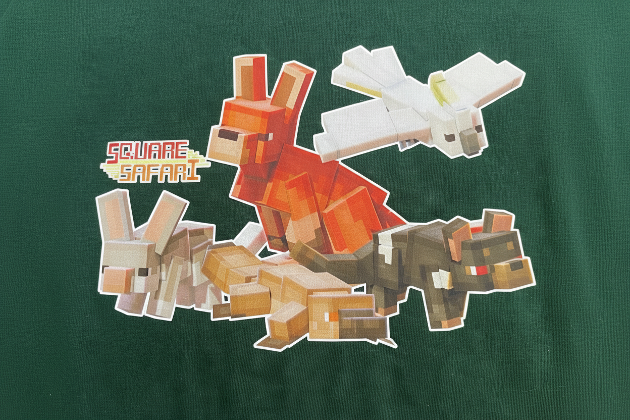 Aussie Animals pixel art kids t-shirt with Square Safari logo. australian animal art, wear the wild, kids aussie t shirt design, wildlife design t shirt