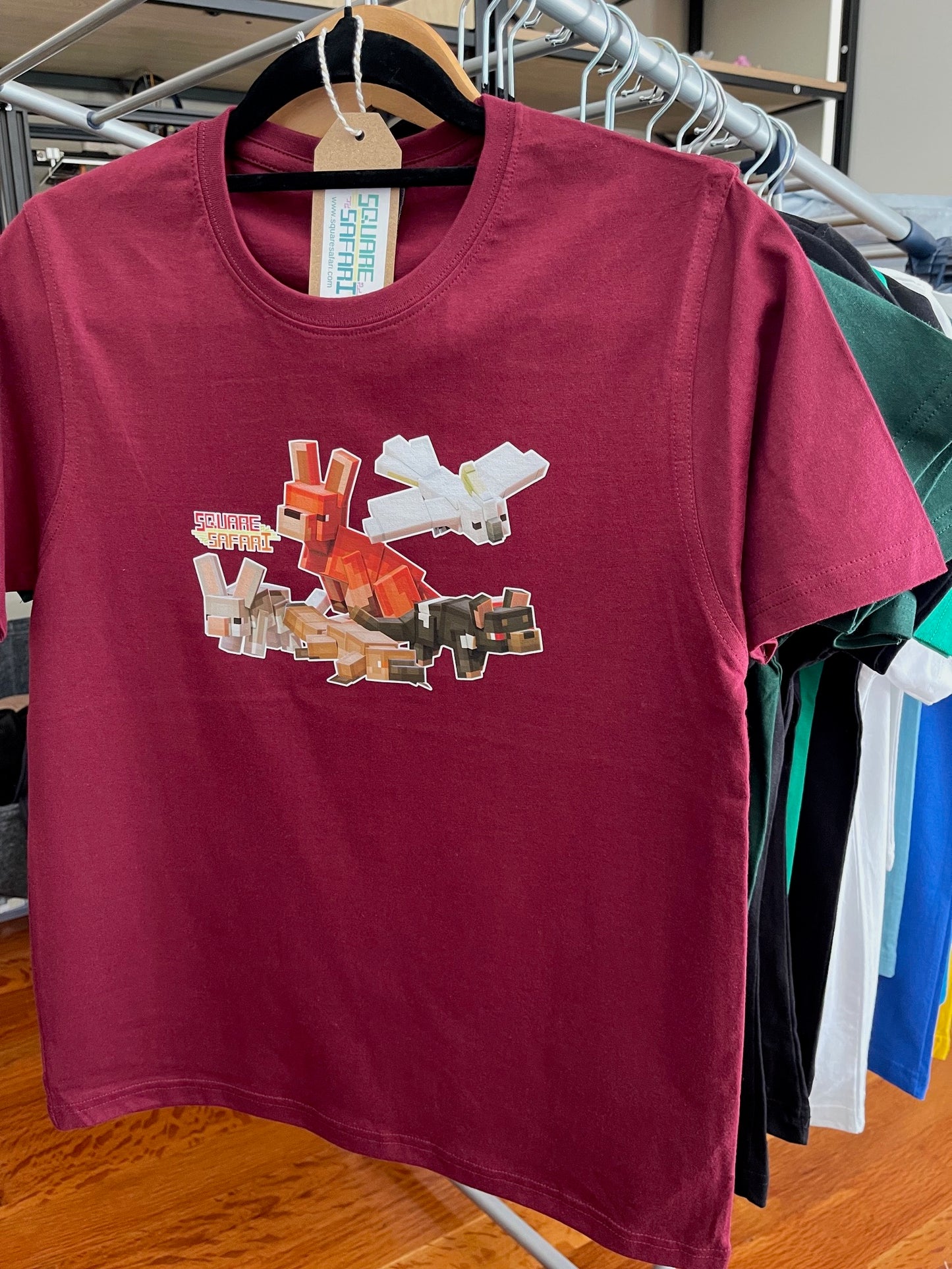 Aussie Animals pixel art kids t-shirt with Square Safari logo. australian animal art, wear the wild, kids aussie t shirt design, wildlife design t shirt