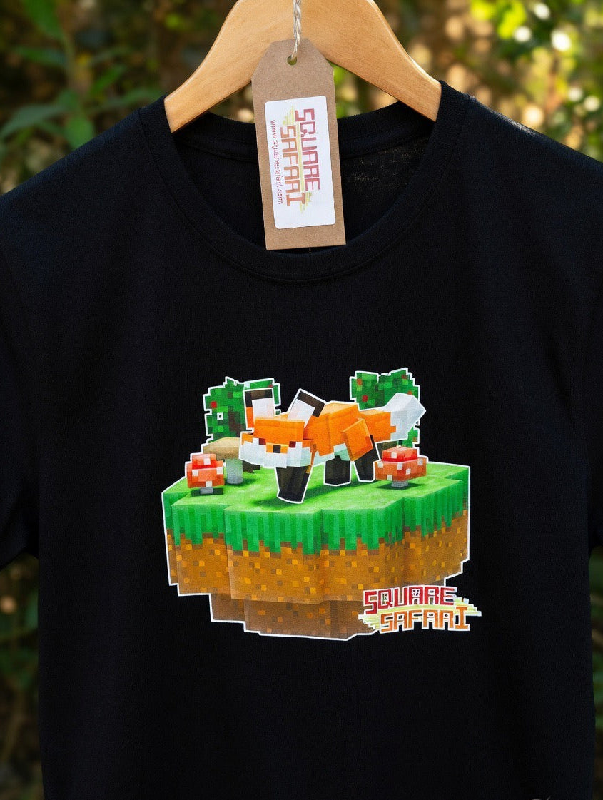 Hand-crafted pixel art red fox design on a kids t-shirt — original square-style wildlife art for gamers, animal lovers and collectors. Square Safari