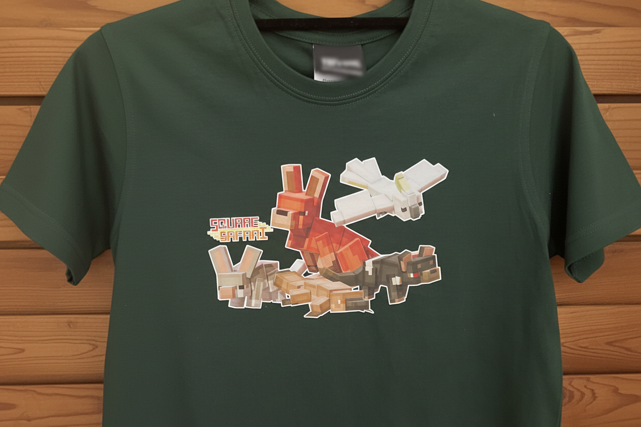 Aussie Animals pixel art kids t-shirt with Square Safari logo. australian animal art, wear the wild, kids aussie t shirt design, wildlife design t shirt