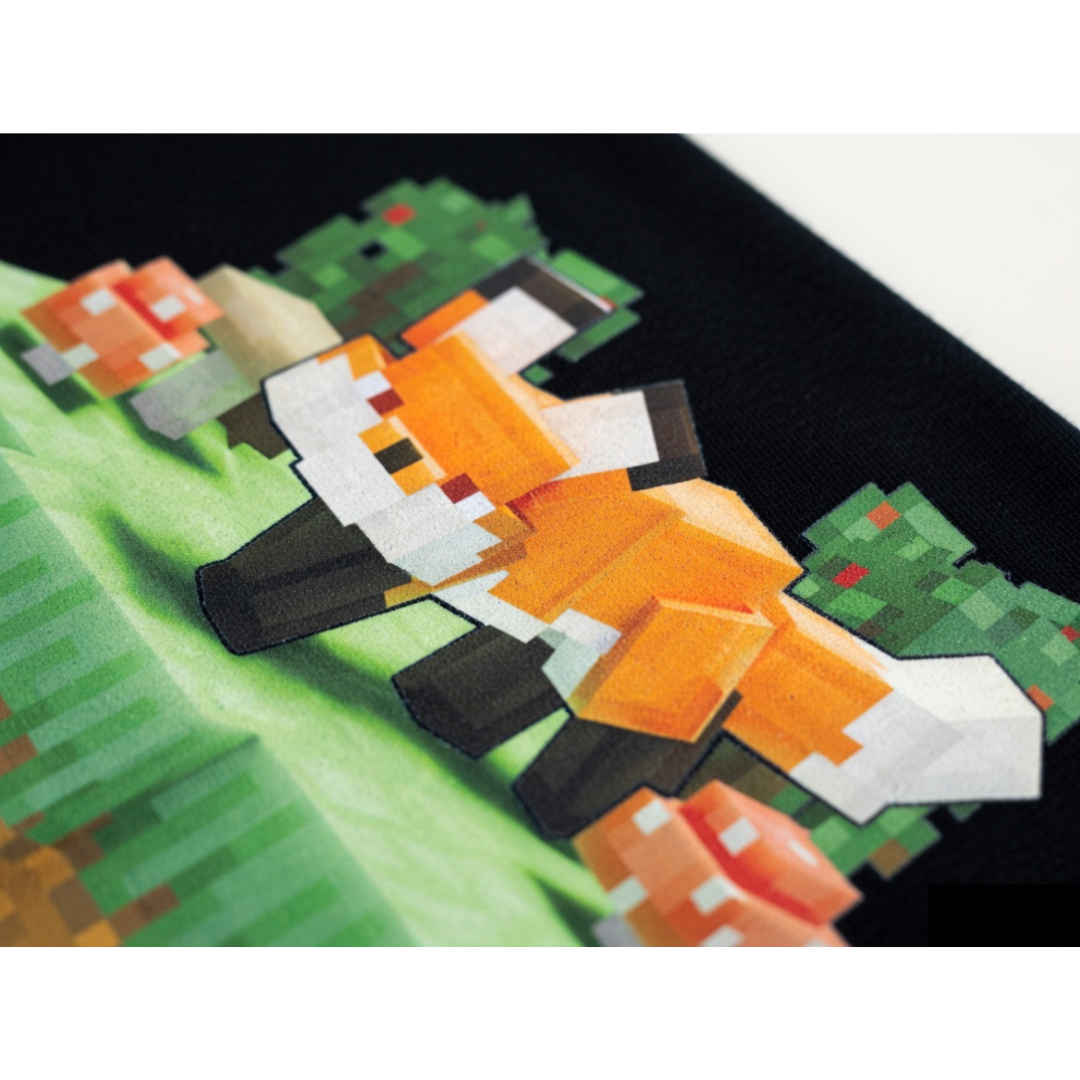 Hand-crafted pixel art red fox design on a kids t-shirt — original square-style wildlife art for gamers, animal lovers and collectors. Square Safari