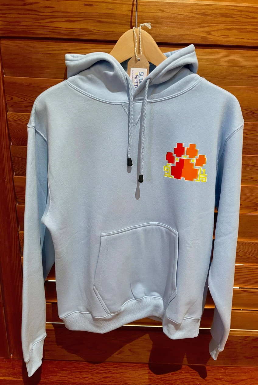 Lightly retouched sky-blue hoodie front photo