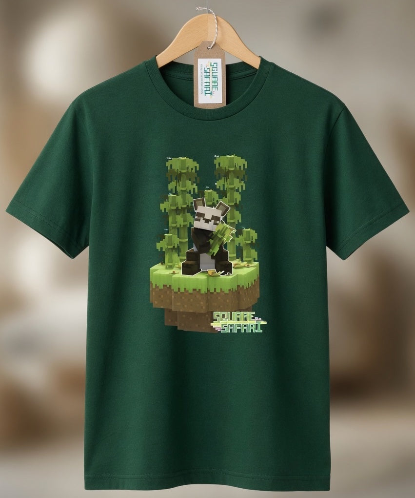 Pixel art Giant Panda kids t-shirt in green — Square Safari original wildlife design, sizes 2–14. various colours including black, white, navy, grey kids t shirt with original artwork pixel design panda handmade in australia with worldwide shipping, gift for pixel and block style art lover perfect kids gift, animal lover gift idea