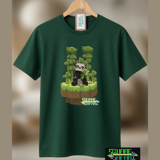 Pixel art Giant Panda kids t-shirt in green — Square Safari original wildlife design, sizes 2–14. various colours including black, white, navy, grey kids t shirt with original artwork pixel design panda handmade in australia with worldwide shipping, gift for pixel and block style art lover perfect kids gift, animal lover gift idea

