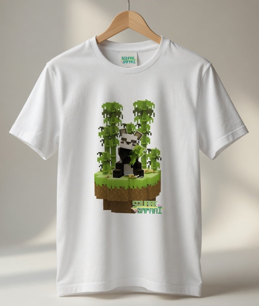 Pixel art Giant Panda kids t-shirt in white — Square Safari original wildlife design, sizes 2–14. various colours including black, white, navy, grey kids t shirt with original artwork pixel design panda handmade in australia with worldwide shipping, gift for pixel and block style art lover perfect kids gift, animal lover gift idea