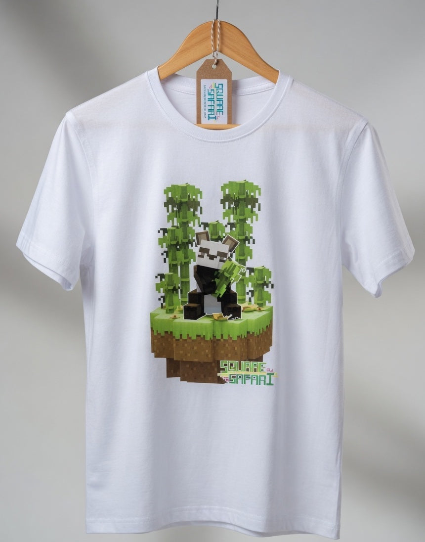 Pixel art Giant Panda kids t-shirt in green — Square Safari original wildlife design, sizes 2–14. various colours including black, white, navy, grey kids t shirt with original artwork pixel design panda handmade in australia with worldwide shipping, gift for pixel and block style art lover perfect kids gift, animal lover gift idea