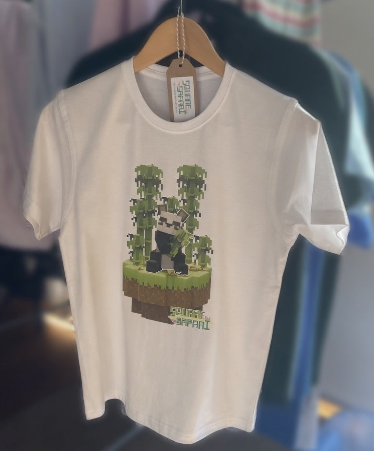 Pixel art Giant Panda kids t-shirt in green — Square Safari original wildlife design, sizes 2–14. various colours including black, white, navy, grey kids t shirt with original artwork pixel design panda handmade in australia with worldwide shipping, gift for pixel and block style art lover perfect kids gift, animal lover gift idea