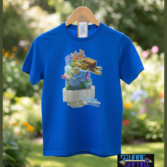 Sea Turtle Surfing the Coral Reef — Square Safari Kids T-Shirt